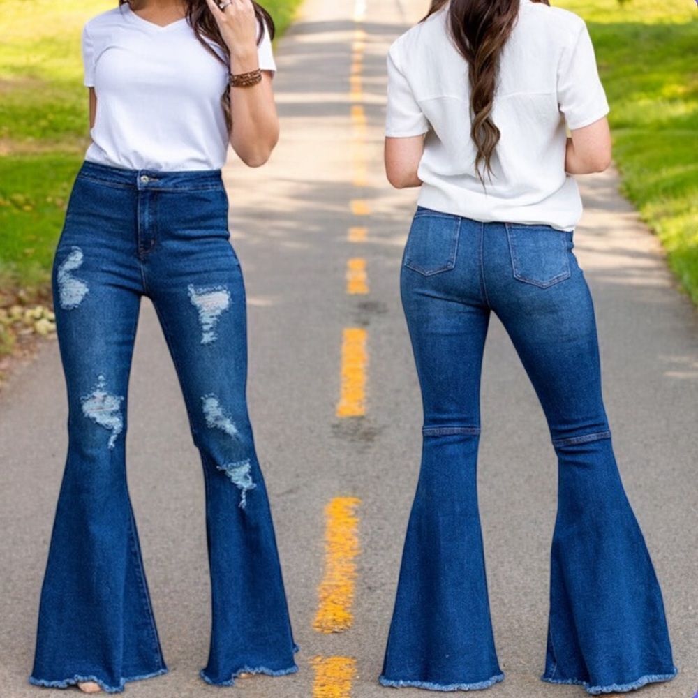 Dark Wash Distressed Flare Jeans | High Rise Stretch | Raw Hem | Plus Size | NWT - Picture 2 of 16